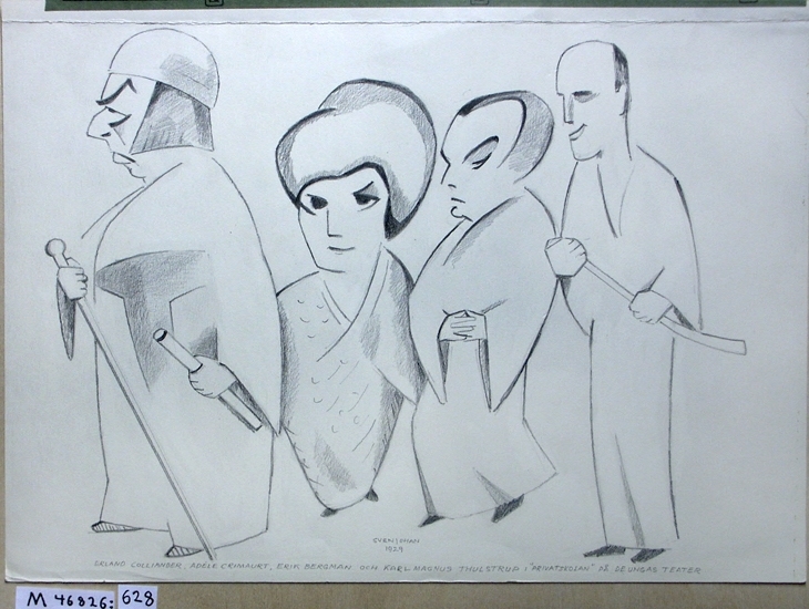 Kolteckning.
Karikatyrporträtt (helfigur) av: Erland Colliander, Adèle Crimaurt, Erik Bergman
och Karl Magnus Thulstrup. I Privatskolan på De Ungas Teater.
