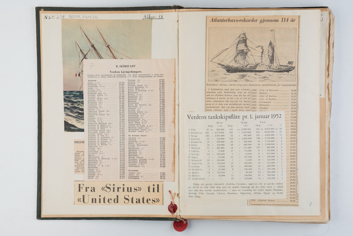 Utklippsbok med illustrasjoner av norske seilskuter, vesentlig fra Fredhøi: Norske seilskuter.
