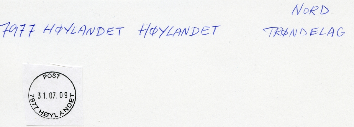 Stempelkatalog. 7977 Høylandet. Namsos postkontor. Høylandet kommune. Nord-Trøndelag fylke.