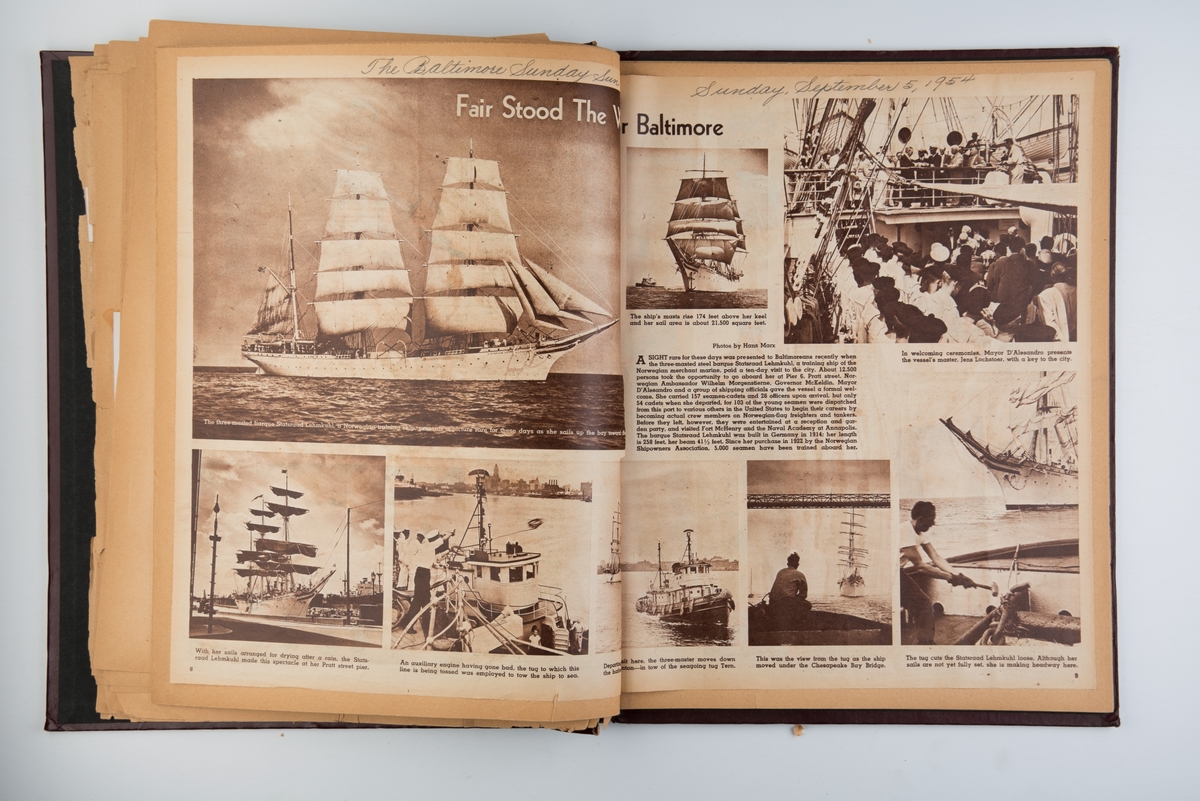 Utklippsbok med fotografier og tekst fra 'Statsraad Lehmkuhl's reise til Baltimore i 1954