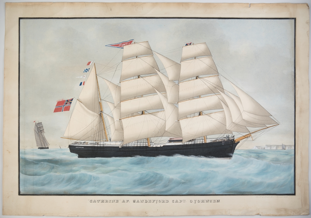 Bark 'Cathrine' af Sandefjord Seiler for babords halser med full seilføring. Unionsflagg, navnevimpel, signal HNCT