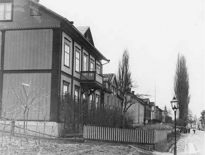 Norra delen av Brahegatan i Gränna, strax söder om Norra tullen. I förgrunden till vänster Brahegatan 86 med en av de gatlyktor i vägkanten som sattes upp 1848 och var i bruk till 1905. Längre ner på gatan några bak och bakom dem en av de höga popplar som togs ner 1902.
