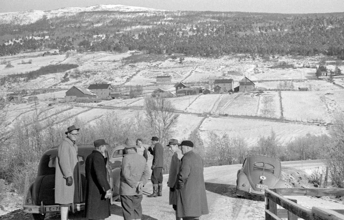 Befaring ved Bøbrua eller Bøbrue over Gudbrandsdalslågen i fjellbygda Lesja i Oppland.  I forgrunnen ser vi sju menn, antakelig representanter for Glomma fellesfløtingsforening, og tre personbiler.  Karene var på brubefaring ved den øvre delen av Lågen en kald oktoberdag i 1955.  I bakgrunnen ser vi lia på nordsida av elva med Bø-gardene og omkringliggede dyrket mark, som da dette fotografiet ble tatt var dekt av et tynt snølag.  I lia ovenfor vokste det furu og bjørk mot tregrensa på fjellet Nosi, der toppen ligger 1 111 meter over havet.

I Glomma fellesfløtingsforenings album er navnene på deltakerne oppramset, antakelig fra venstre mot høyre: Gjessig, Flittie, Mølmen, Kristiansen, ukjent, Jahren og Gillebo.