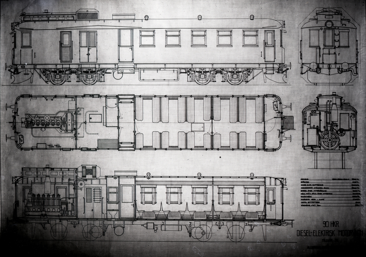 Ritning till diesel-elektrisk vagn för BAJ.
Tillverknings år: 1926.