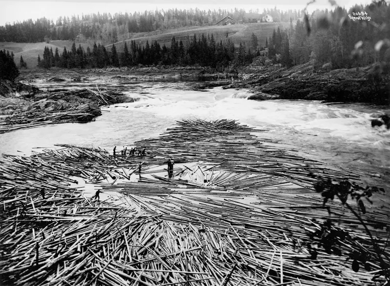 Tømmervase i Fossumbogen, ei bakevje ved Fossumfossen i nedre del av Glomma.  Fotografiet er antakelig tatt tidlig på 1900-tallet. Fotografiet later til å være tatt fra et høyt punkt, antakelig fra Fossum bru, ned mot en grusbanke sentralt i elveløpet, der forholdsvis store mengder fløtingstømmeret hadde strandet og til dels (til venstre i bildet) filtret seg sammen.  Dette skjedde ofte på dette stedet i den fasen da flommen var på retur.  På det meste kunne det ligge 1 000 tylfter (12 000 stokker) i Fossumbogen.  Da dette fotografiet ble tatt var ei gruppe fløtere i ferd med å løsne stokkene med fløterhaker og arbeide dem ut i strømmende vann ved siden av tømmervasen.  Ovenfor var det et lite fossefall på et sted der elva passerte en bergrygg.  På venstre side lå det en del tømmer på berget (Dalsskjærene), antakelig stokker som hadde blitt liggende etter at vannstanden i elva hadde sunket etter flom.  På høyre side av elva, ovenfor fossen, kan det se ut til å ha vært et slags stengsel, som antakelig skulle forhindre at fløtingsvirket drev inn i ei vik der.  Dette stengselet er ikke formet som noen vanlig lense.  I bakgrunnen ser vi ei li med et gardstun og nedenforliggende engarealer.  Dette er sansynligvis eiendommen Kjellås i Askim kommune.  I randsonen mot elva og på bakkekammen mot horisonten vokste det skog.