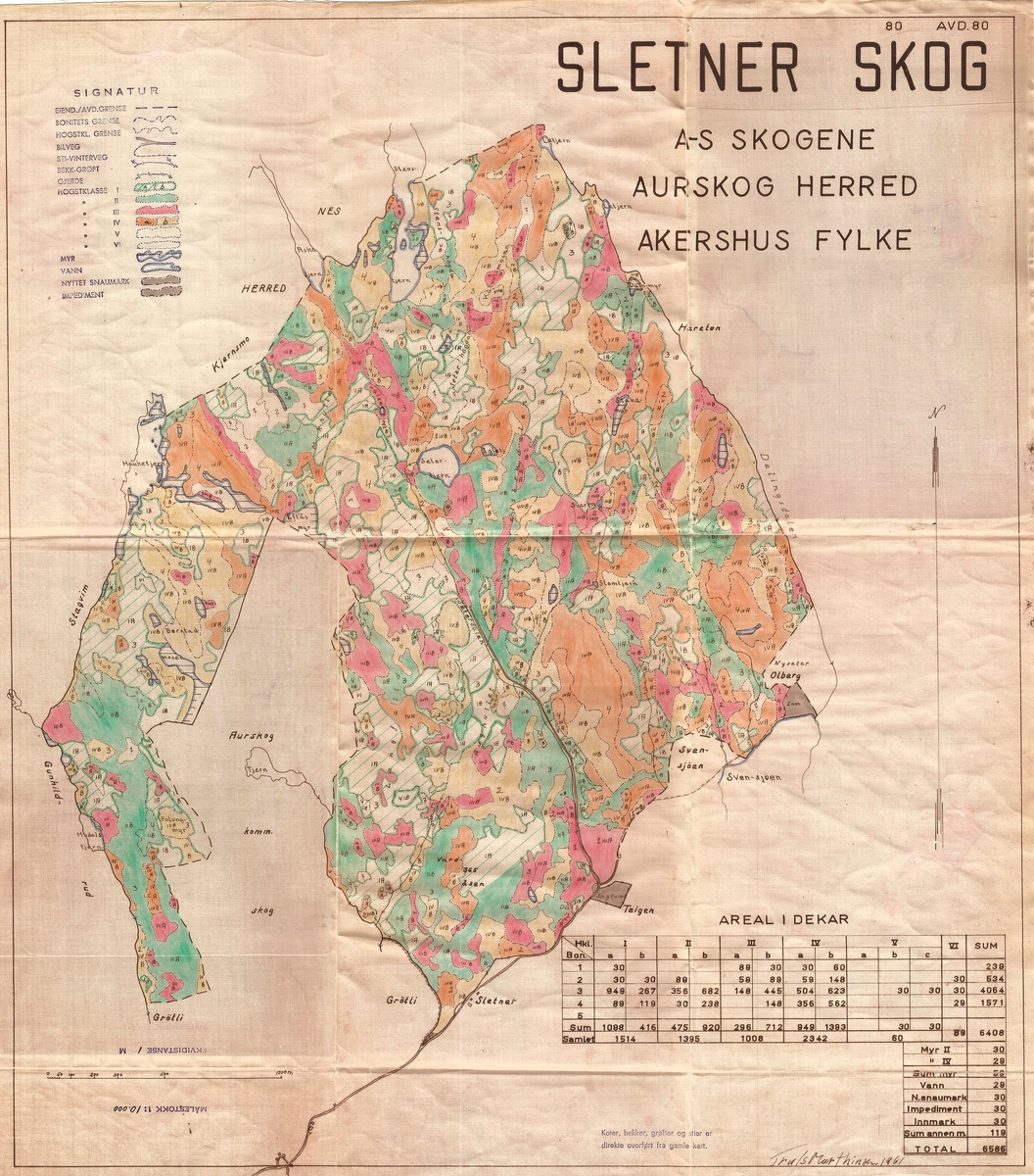 Kart, driftsplankart, bestandskart, over Sletner skog (AS Skogene) i Aurskog kommune, Akershus fylke.  
På kartet er arealet blant annet fordelt på ulike hogstklasser og bonitetstyper. 


Kartet er datert til 1961. 

Kartets målestokk er 1: 10 000