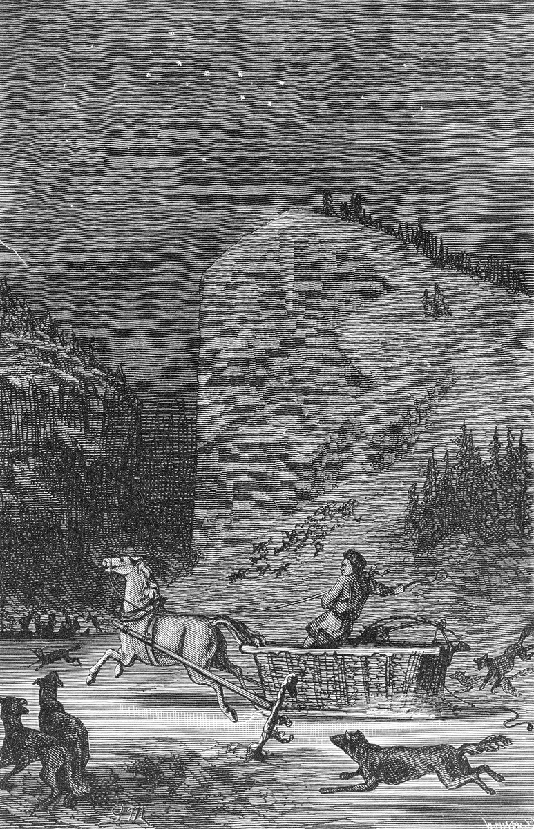 Kolkjøring i mørkt fjellandskap med ulv.  Bildet er et grafisk arbeid, signert «Meyer».  Det har blant annet vært brukt i enkelte utgaver av Nicolai Ramm Østgaards (1812-1873) folkelivsskildring «En Fjeldbygd, Billeder fra Østerdalen», som første gang ble publisert i 1851.  Motivet er en forskremt hest som er forspent ei kolkorg.  Årsaken til at hesten tilsynelatende galopperte i panikk var dels at kjørekaren sto på knærne i kolkorga og svingte svøpa, dels at den var omgitt av en ulveflokk.  Situasjonen er fra et landskap med steile, snødekte fjell med glissen skog, under stjernehimmelen.  Produksjon og transport av trekol (trekull) var sentrale aktiviteter for bondebefolkningen i cirkumferensområdene til norske bergverksvirksomheter, fra 1600-tallet og framover mot andre halvdel av 1800-tallet, da gjenværende verk fikk tilgang på fossilt kol.  Transporten foregikk helst vinterstid, på langsleder som var påsatt slike korger med flettete sidevegger.  I en kongelig forskrift fra 1685 heter det at «Med Kulmaalet skal saaledes forholdes, at en Kulkurv paa en Læst skal være lang 4 ½ Alen, bred i Bunden 1 3/32 Alen, Bred oventil 1 ½ Alen, 1 1/16 Qvart høi og 1 ¼».  De bøndene som skulle lage seg kolkorger etter slike mål måtte beherske brøkregning!  Det viste seg da også at de sjelden fulgte den nevnte målbeskrivelsen, og at de gjerne krympet målene litt, noe som naturligvis førte til diskusjoner når leveransene nådde kolhusene ved smeltehyttene.   Når det gjaldt trekol var for øvrig kolkorger med en lests (12 tønners) volum en litt uhensiktsmessig transportenhet.  Kol hadde såpass lav egenvekt at kolkorger med lestestørrelse ikke på langt nær utnyttet hestens trekkevne, i hvert fall ikke på godt oppkjørte vinterveger i noenlunde flatt lende.  Det var vanlig at koltransporten gikk på snødekt elveis i dalbotnen, slik vi ser det på dette bildet.  Ulv var ikke uvanlig i norske bygder i den tidsperioden dette motivet refererer til, men situasjoner som den vi ser her var neppe dagligdagse.