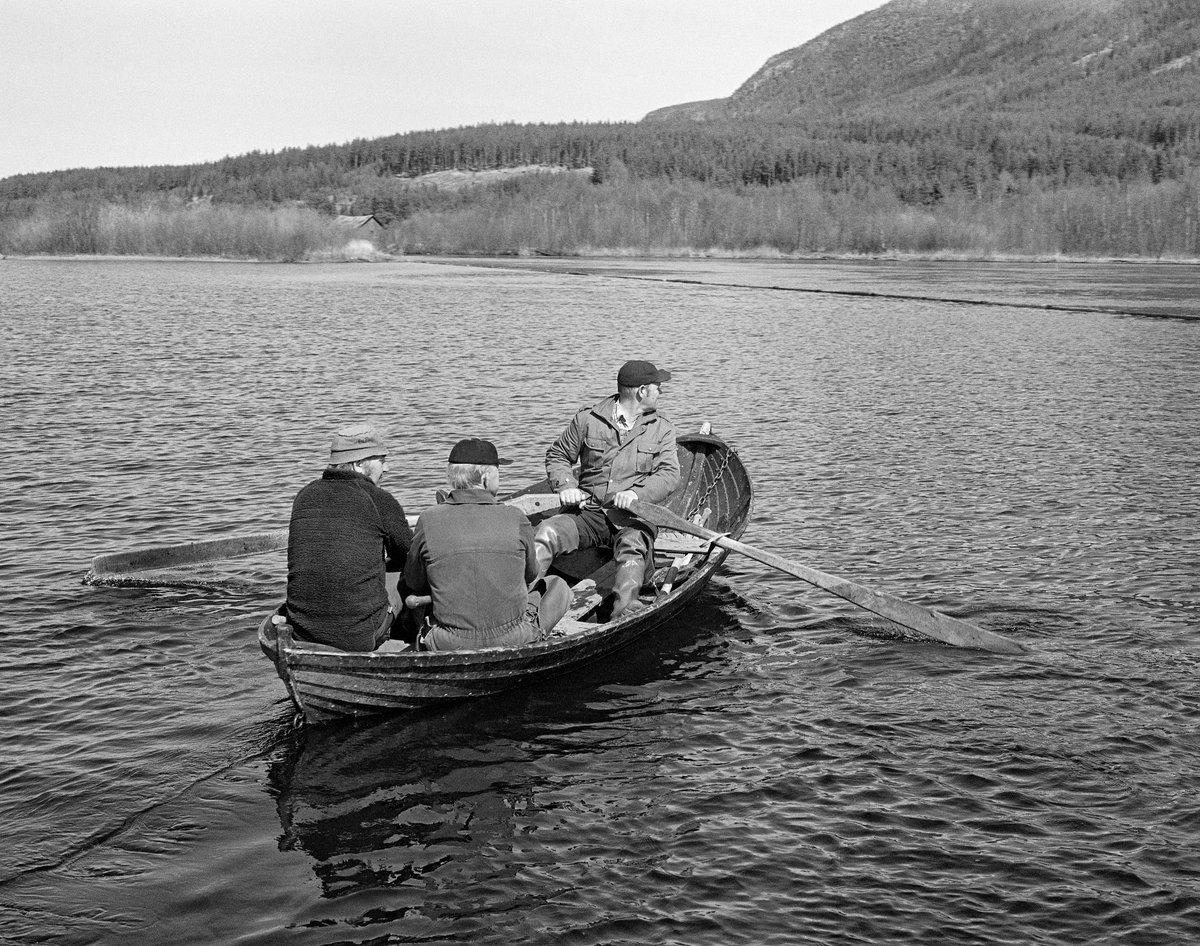 Tre fløtere i en av Glomma fellesfløtingsforenings robåter på Lomnessjøen i Ytre Rendalen i Hedmark.  Båten er en av mange som ble lagd i organisasjonens båtbyggeri på Flisa i Solør.  Karene i båten er Bjørn Brennodden, Kåre Hansen og Egil Berger.