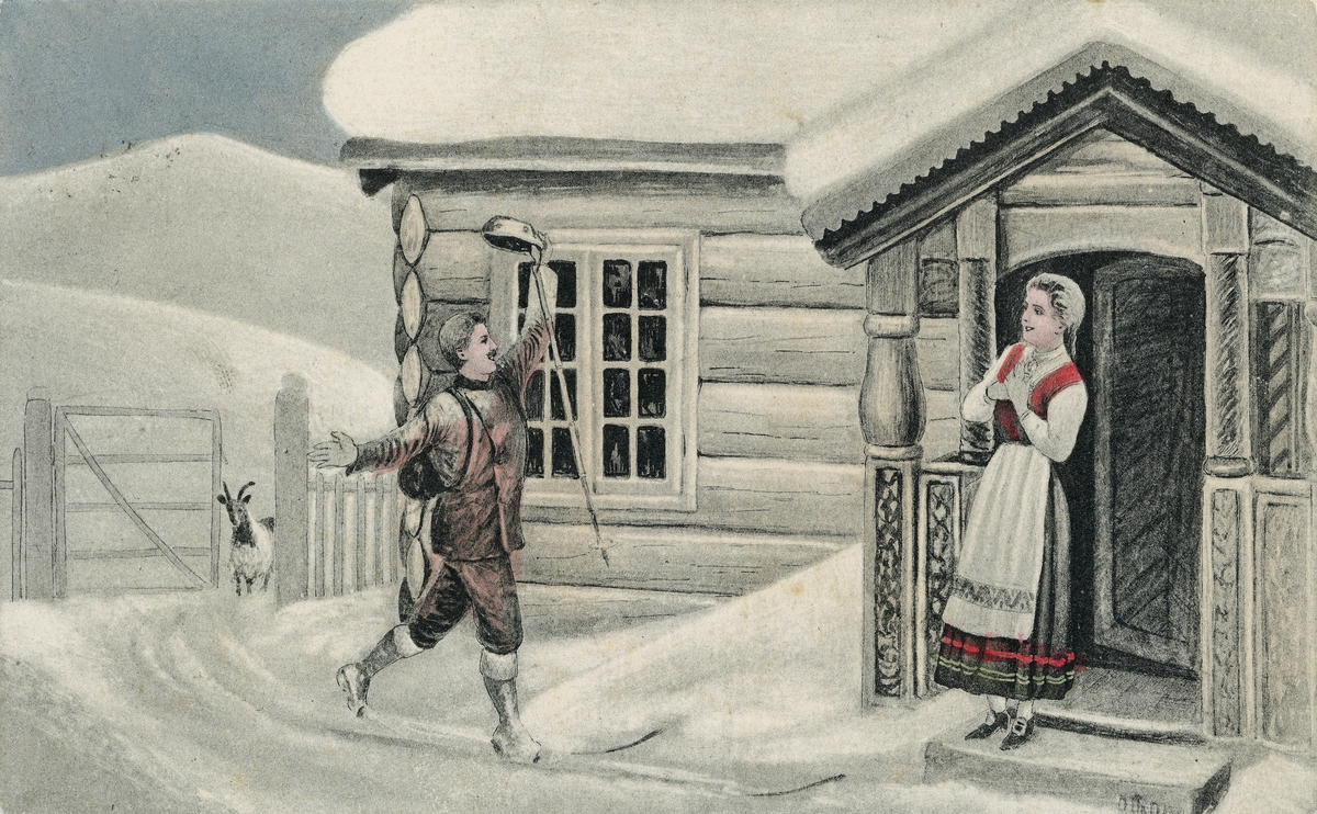 Postkort. Motivet på kortets fremside viser en mann på ski som tydelig gleder en bunadkledd kvinne.  Ei geit kan sees i bakgrunnen. Skigåing. Kurtise.
