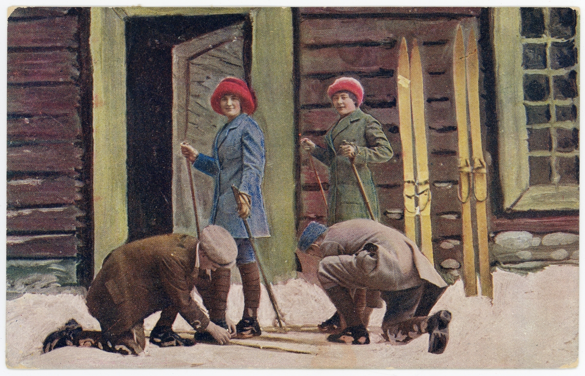 Postkort. Motivet på kortets fremside viser menn som hjelper kvinner med å feste eller løsne skibindingene. Skigåing.