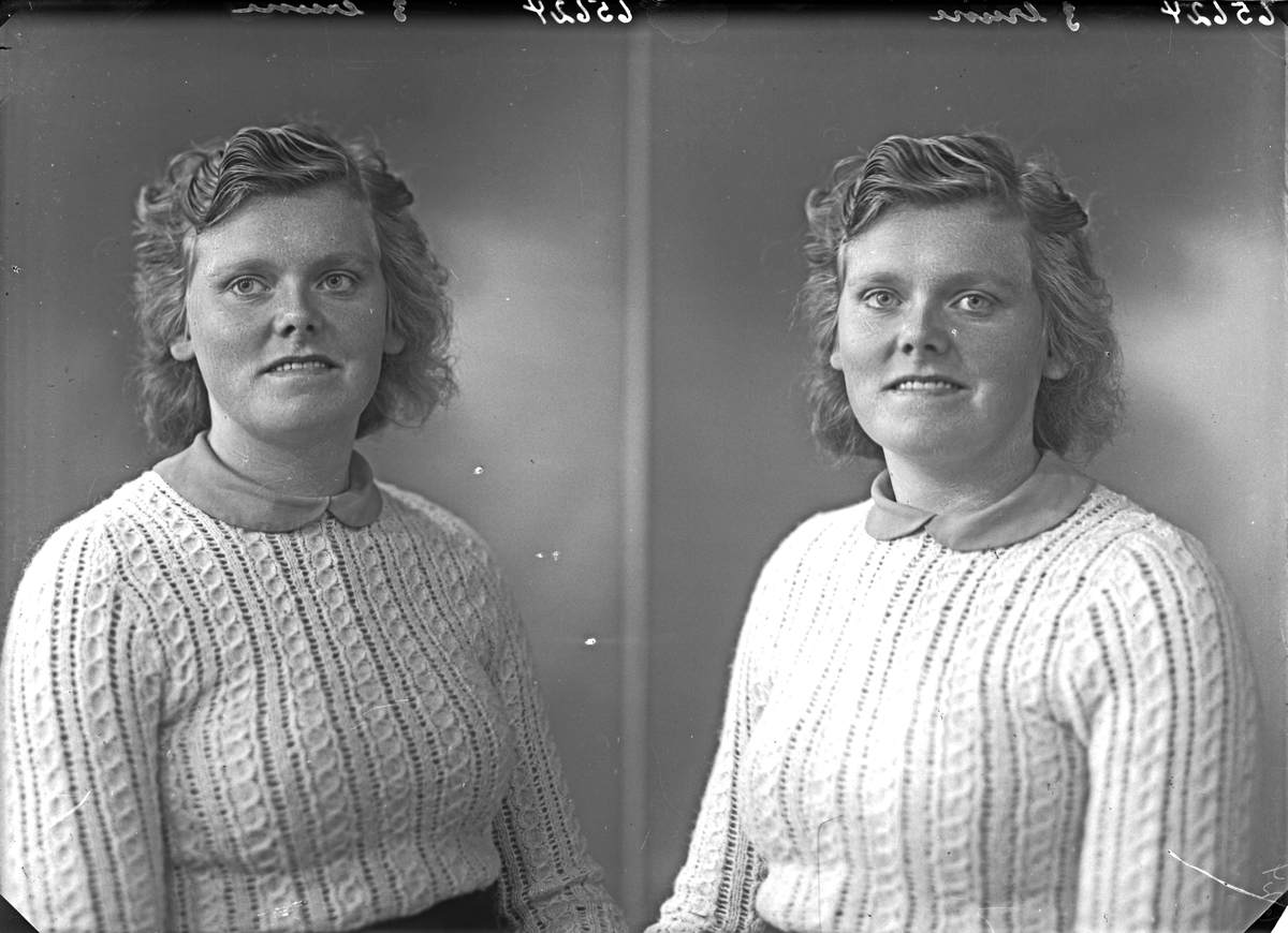 Portrett. Ung kvinne iført strikkegenser. Bestilt av Anna Tveita. Fitjar.