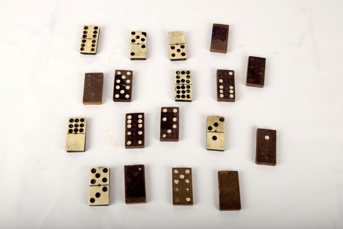 18 dominobrikker. 7 brikker har hvit fremside, med svarte prikker og svart bakside. De andre 11 brikkene er svarte med hvite prikker og dekorative utskjæringer.
