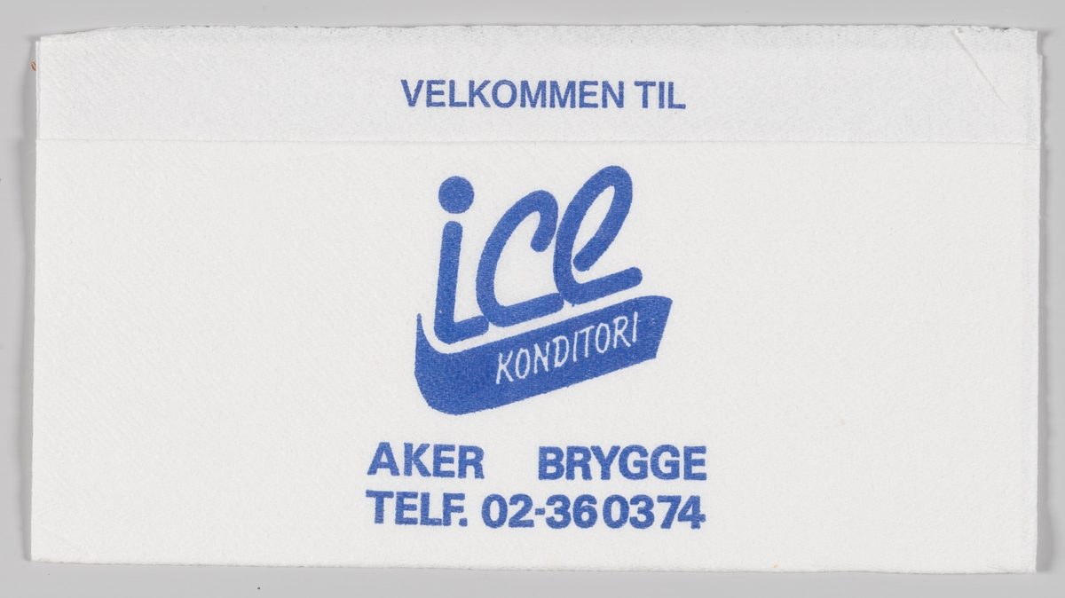 Reklametekst for Ice konditori på Akers brygge.

Samme tekst på serviett MIA.00007-004-0044.