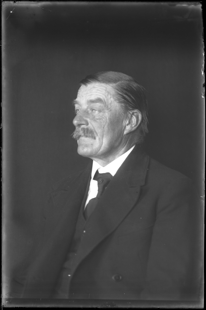 En man i mörk kostym porträtterad i halvprofil. I fotografens egna anteckningar står det "Skoglund". Tolkat som Johan Gottfrid Johansson Skoglund.