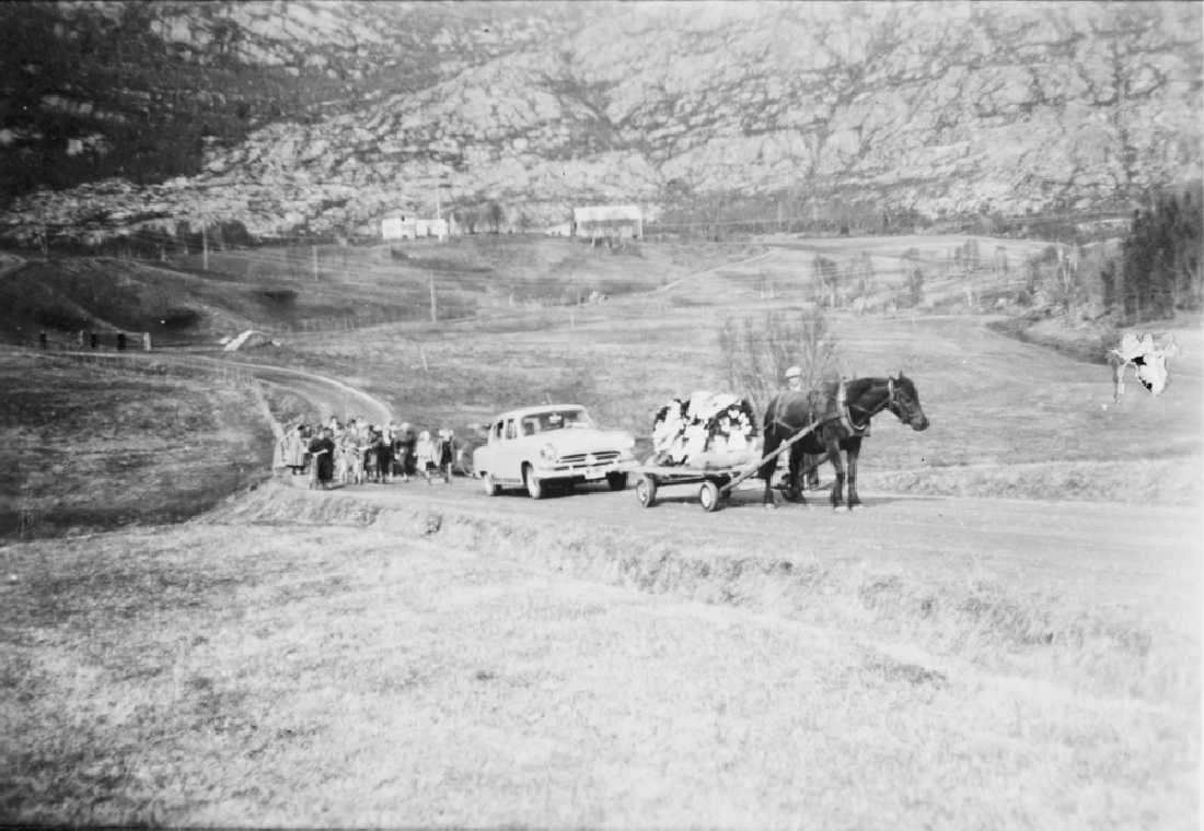 Leirfjord, Simsø. Begravelsesfølge fra Simsø. Hesten trekker vognen hvor kisten står. Bil kjører bak. Bilen er ant. en drosjeregistrert Volga, årsmodell 1956-57.