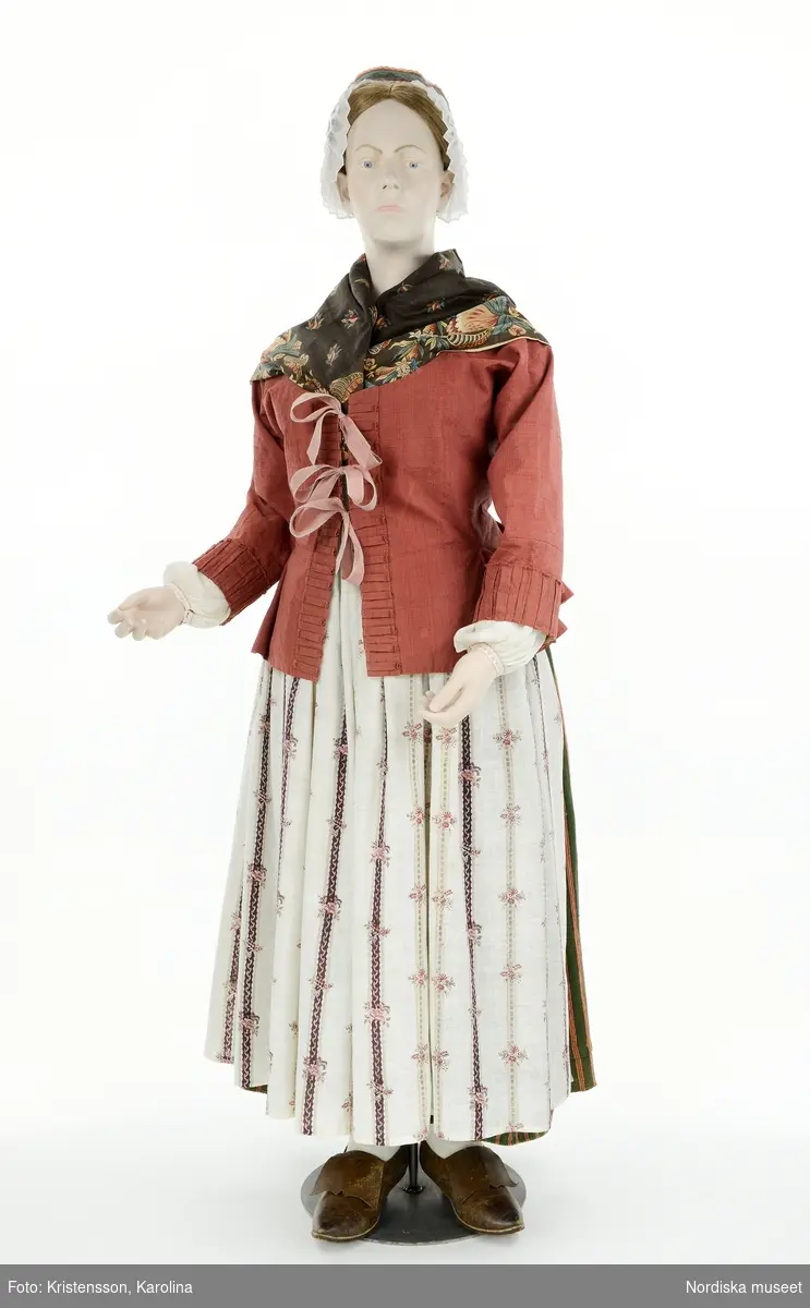 Prästfrun 1780, från utställningen Modemakt. Modellen är fotograferad för 360-visning. Information om kläderna se Relaterade objekt under Referenser. Strumpor, rosettknytning tröja och veckat stycke på mössan är rekvisita.