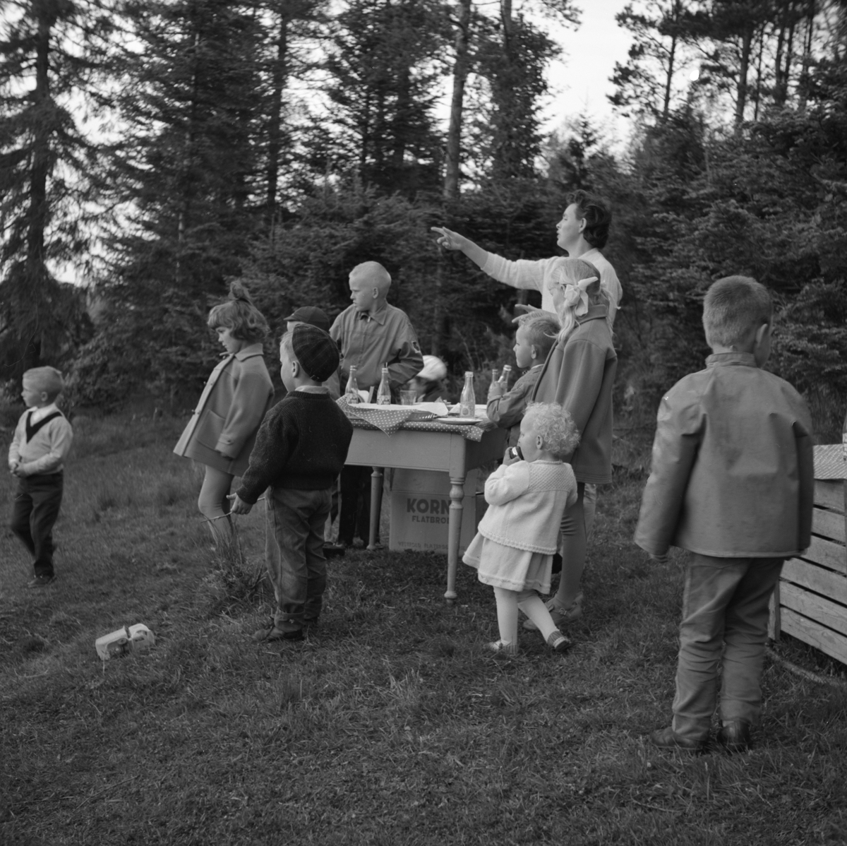 Flere barn og ei kvinne står rundt et bord med drikke mat.. Karsten Aa. N feirer sin bursdag.