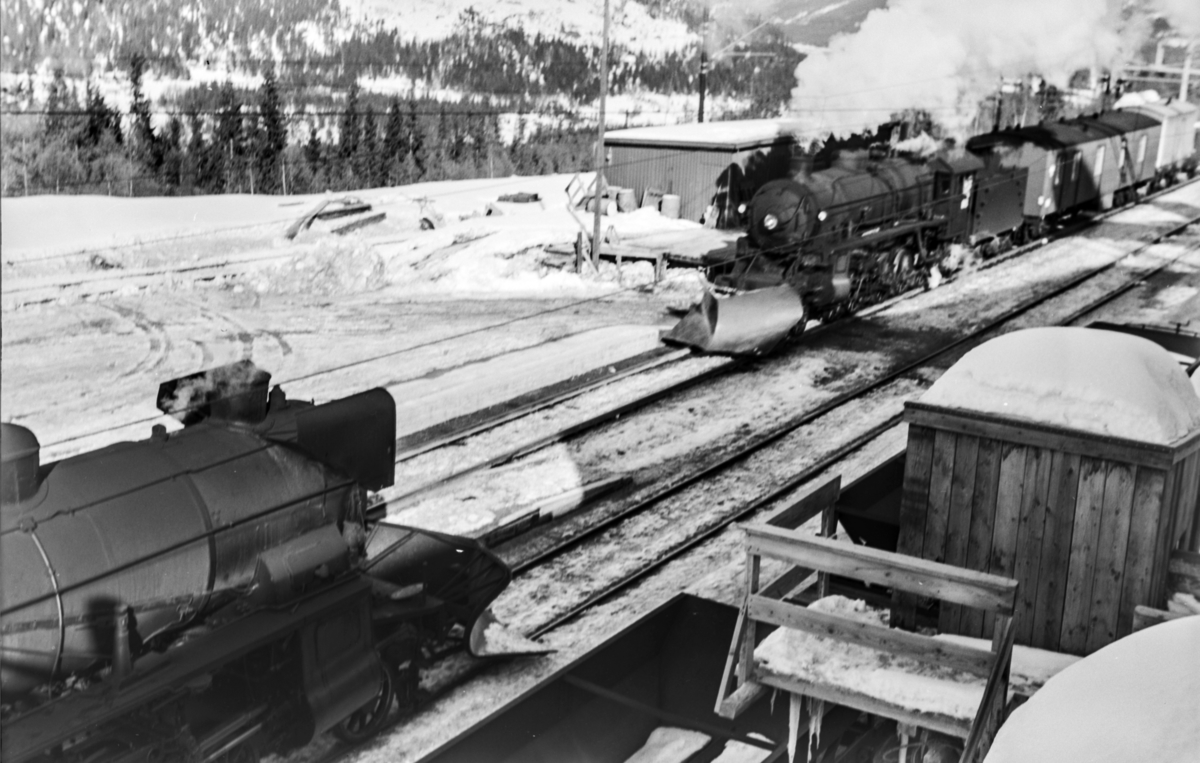 Kryssing på Hol stasjon mellom ekstratog i forbindelse med påskeutfarten, tog 7654, til venstre, og godstog til Bergen, tog 5529. Ekstratoget trekkes av damplokomotiv type 31b nr. 418, godstoget av damplokomotiv 31b nr. 429. .