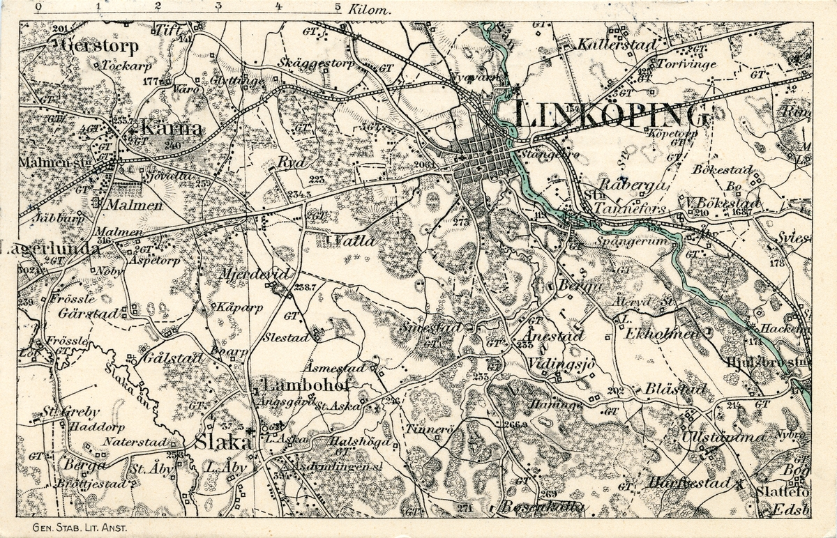 Vykort från Linköping. Färgtryck.
Motiv: karta över Linköping med omnejd.
P. M. Sahlströms Bokhandel.