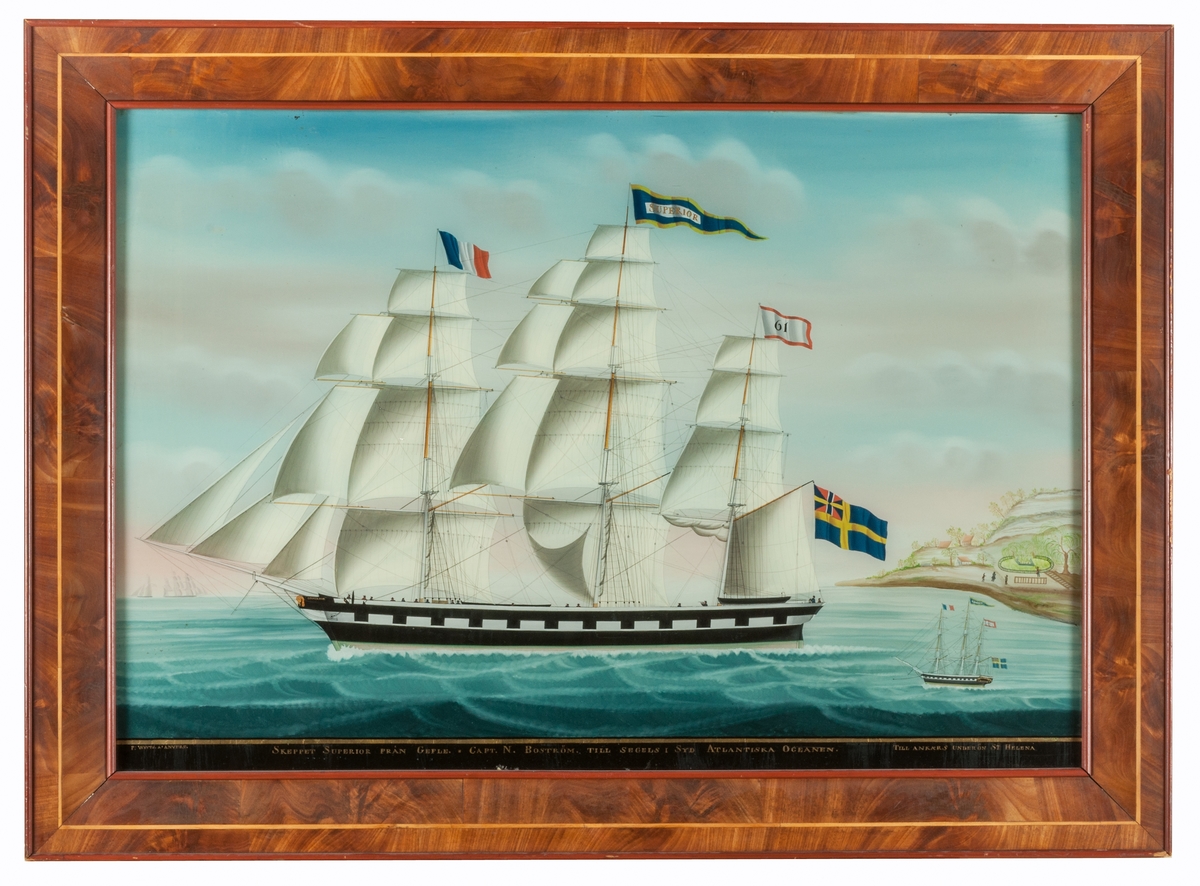 Fartygsmålning föreställande fartyget Superior, Glasmålning signerad P. Weyts.