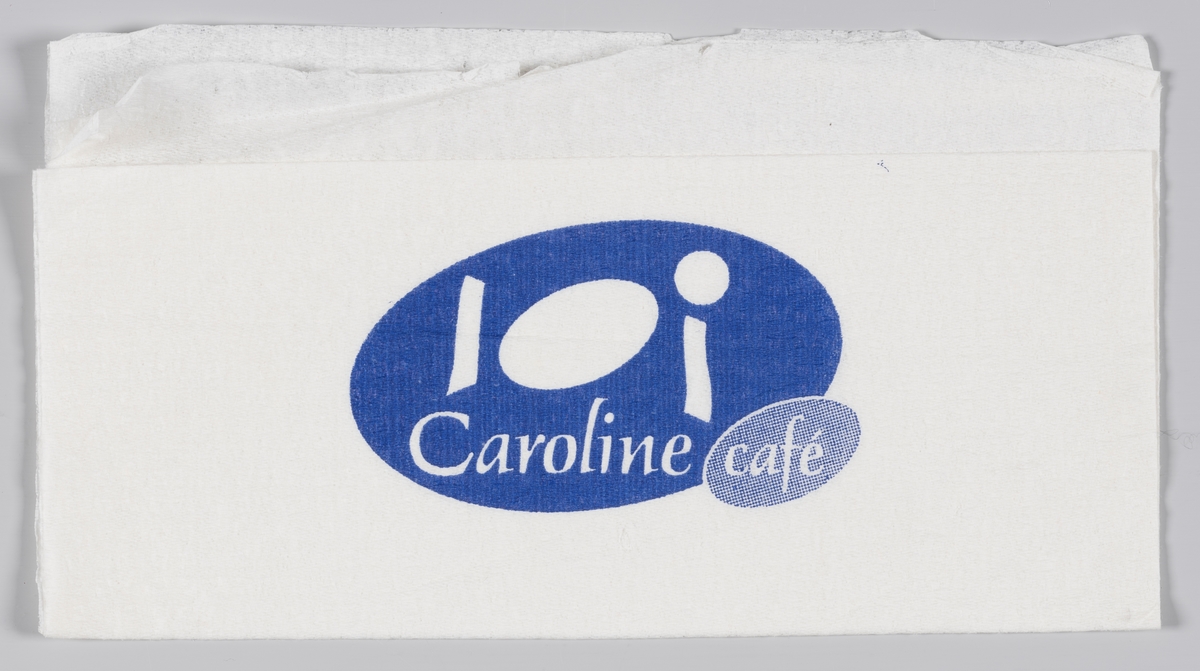 En oval med stilisert tallerken, bestikk og kopp og reklametekst for Caroline cafè og en hånd som holder en fakkel og reklametekst for Narvesen.

Reklame for Caroline cafè på MIA.00007-004-0214; MIA.00007-004-0215.