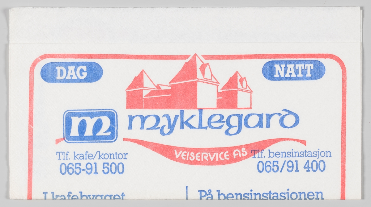 En tegning av bygningen og en reklametekst for Myklegard Veikro og Esso bensinstasjon på Løten.