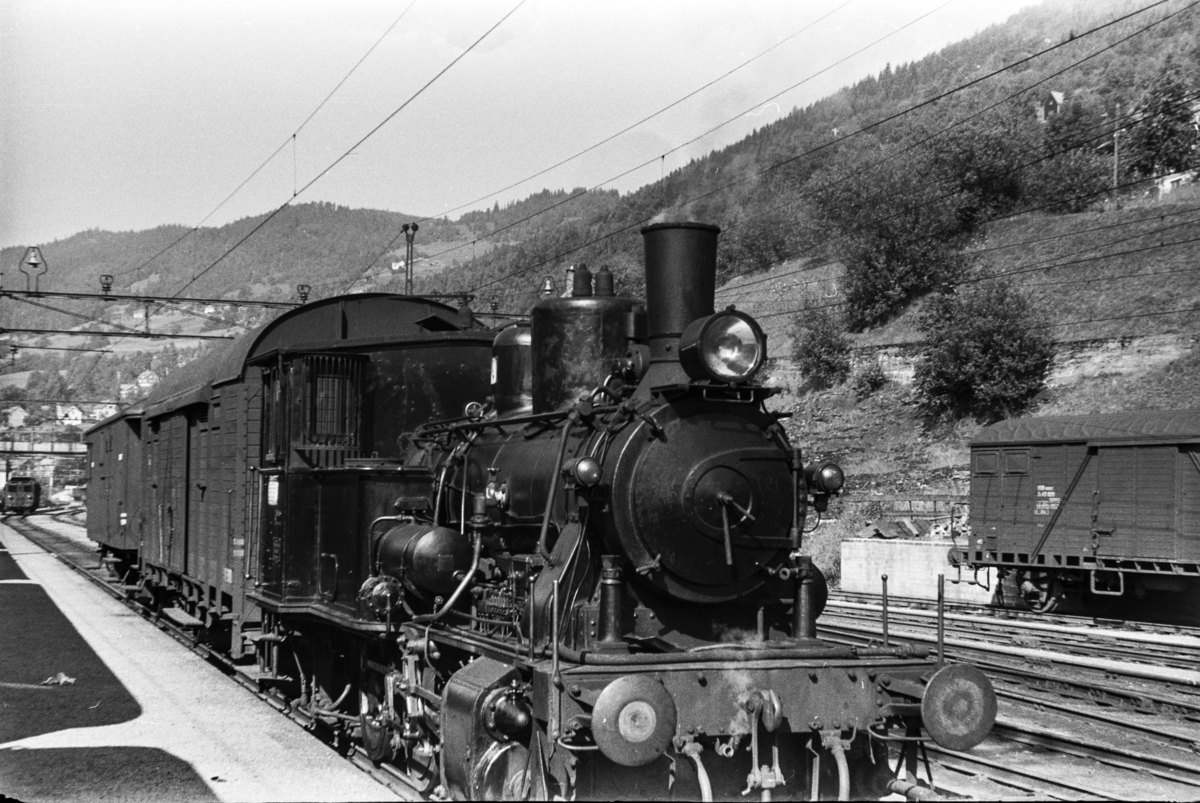 Damplokomotiv type 25d nr. 424 med kipptog på Voss stasjon.