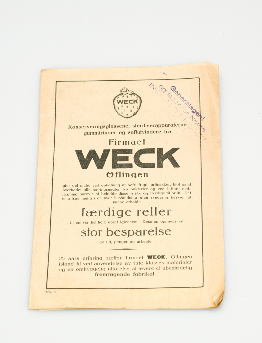 På kjelens øvre del står produsentnavnet Weck i relieff.