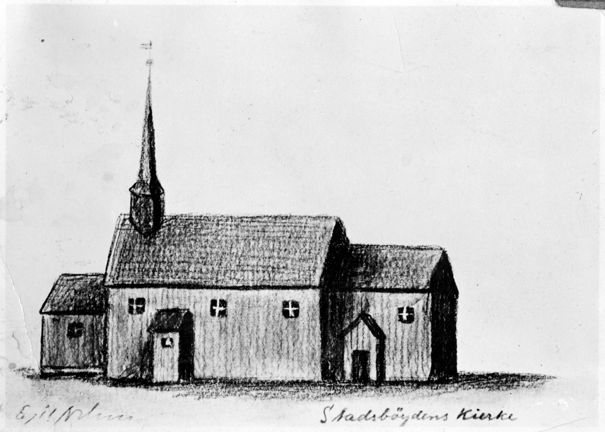 Tegning av gamle Stadsbygd kirke, Stadsbygd.