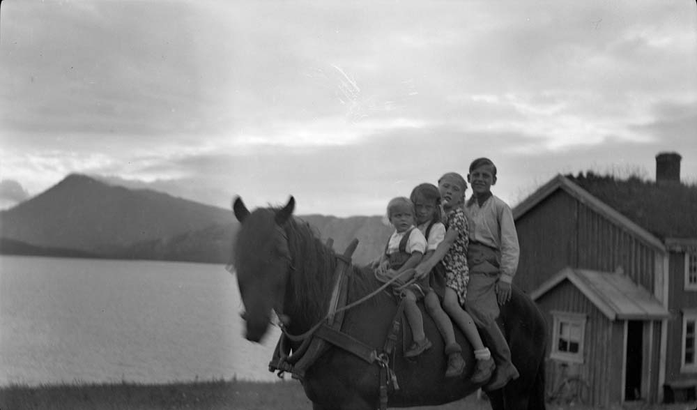 Fire barn på hest. Dønna i bakgrunnen.