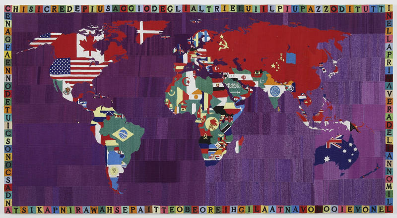 Alighiero Boetti, "Mappa" 1990. Cotton embroidery on canvas. 118,1 x 220,3 cm. © Alighiero Boetti by SIAE/KOPINOR 2019. Photo David Regen, New York (Foto/Photo)