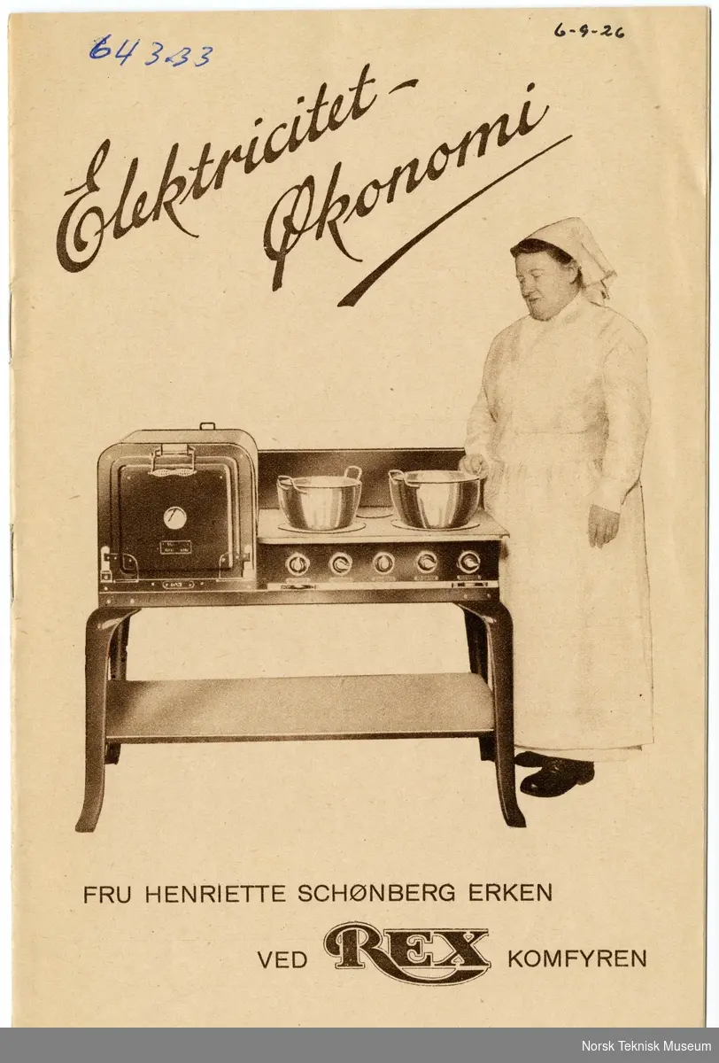 Fru Henriette Schønberg Erken ved Rex-komfyren, reklamebrosjyre, Elektrisk Bureau, 1926