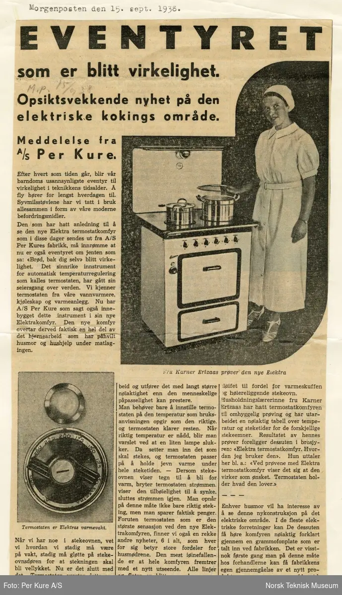 Om elektrisk koking med komfyren "Elektra" fra AS Per Kure, utklipp fra Morgenposten 15. september 1938.