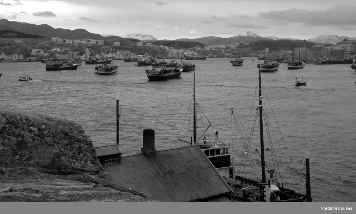Foto av en rekke fiskefartøy ute i havnebassenget i Kristiansund. Bildet er datert 1961. Fotograf er Nils Williams. Fra Nordmøre museums fotosamlinger.