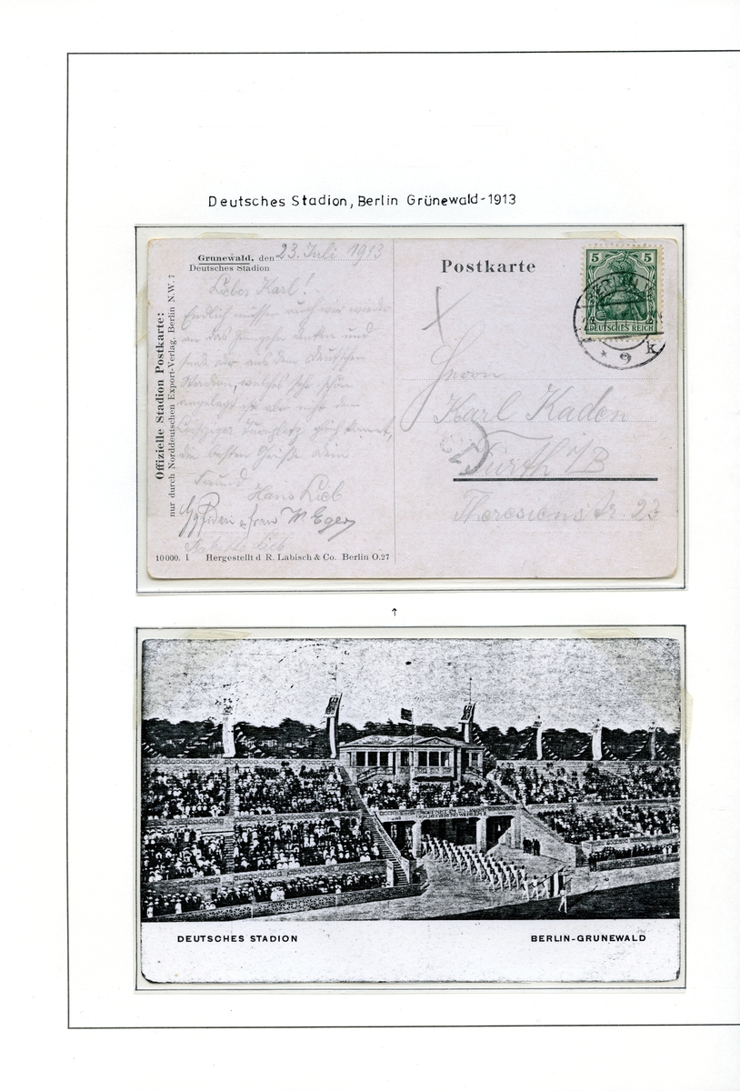 Postkort som er datert den 23. juli 1913 og frankert med et grønt frimerke. Kopi av bildet på baksiden av postkortet er limt inn under postkortet. Frimerket har bilde av en kvinne med rustning, og er pålydende 5 pf.