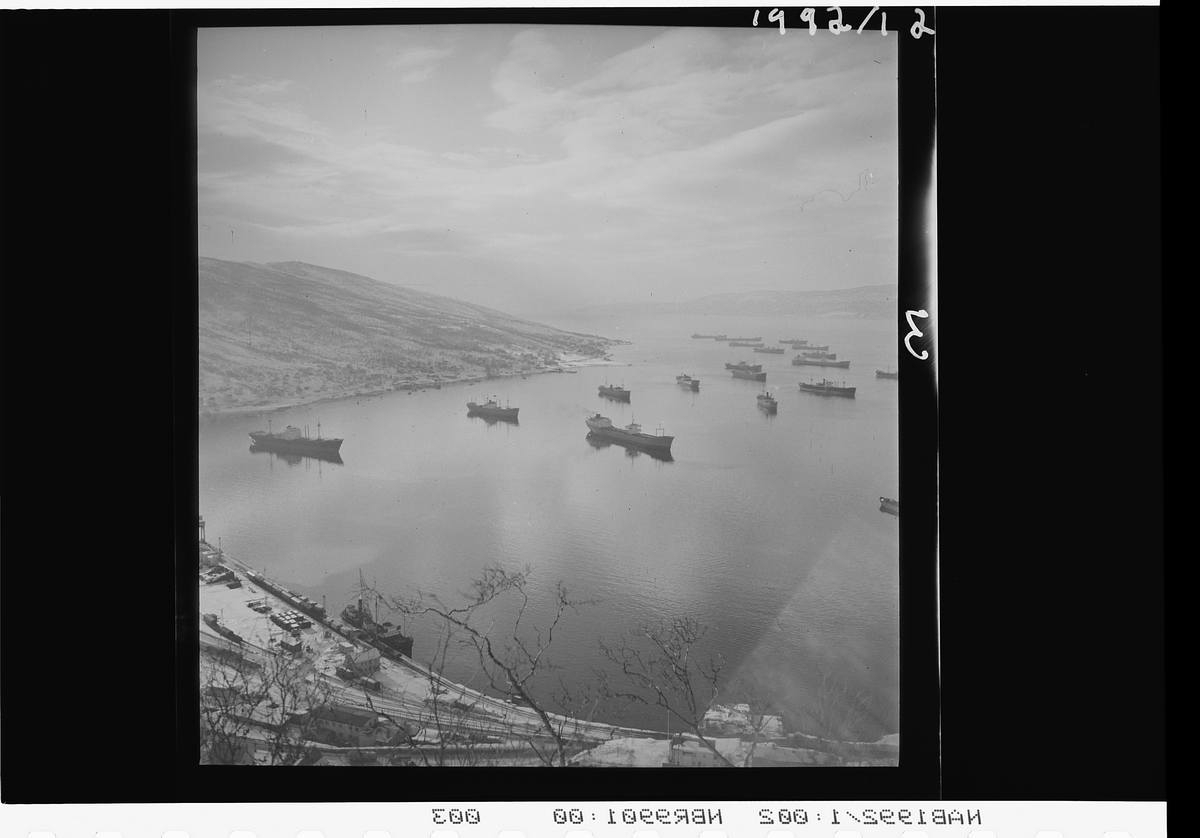 Narvik havn, 26 malmbåter, tatt fra St. Haugen. Fagerneskaia.