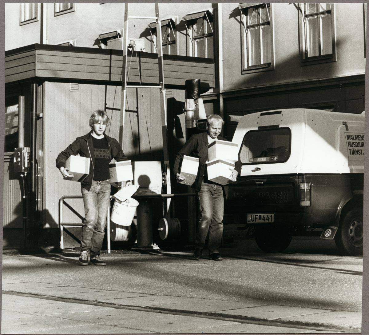 Mikael Saukko och Sven Arne Törnblom transporterar grissperman från transportbilen till expressgodsexpeditionen. Från en artikel i Konduktörsposten om hur viktig snabb transport kan vara.