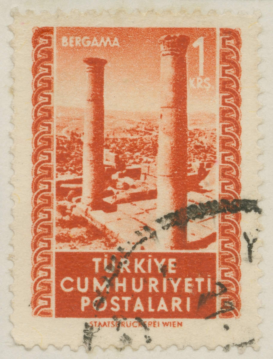 Frimärke ur Gösta Bodmans filatelistiska motivsamling, påbörjad 1950.
Frimärke från Turkiet, 1952. Motiv av ruiner vid Bergama.