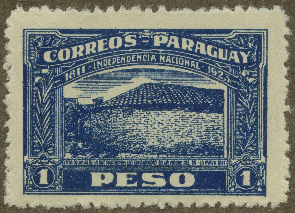 Frimärke ur Gösta Bodmans filatelistiska motivsamling, påbörjad 1950.
Frimärke från Paraguay, 1923. Motiv av sammansvärjningsbyggnad. "112-årsminne 15 maj 1811, Paraguays självstyre".