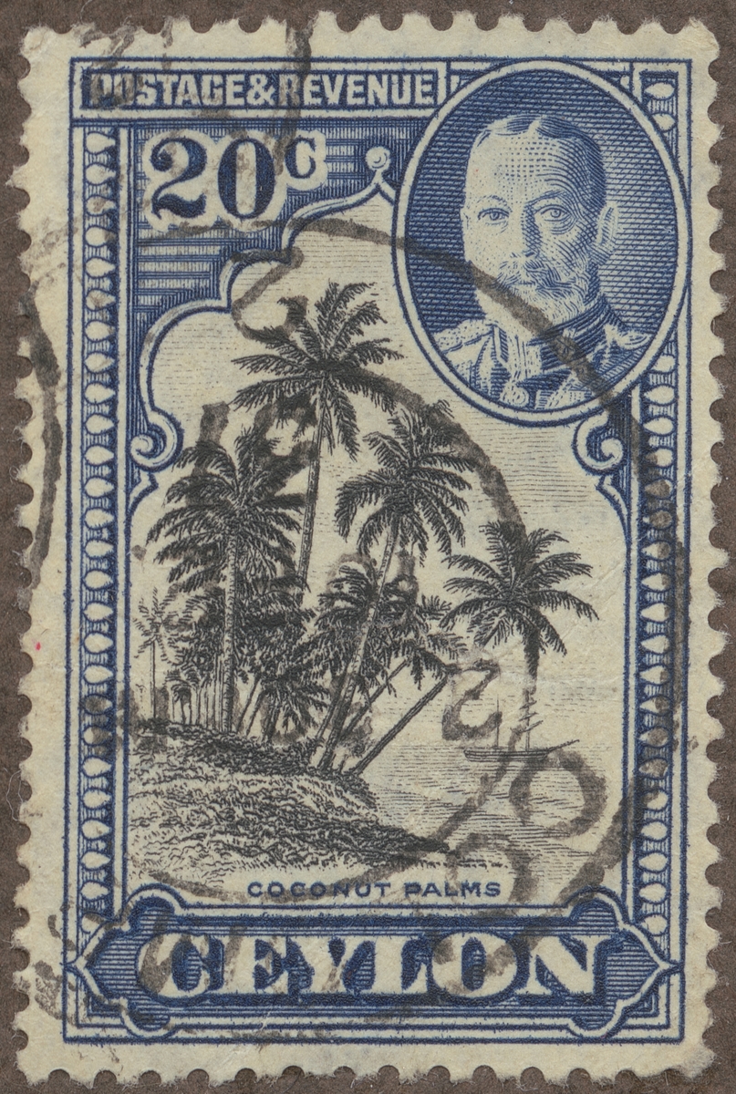 Frimärke ur Gösta Bodmans filatelistiska motivsamling, påbörjad 1950.
Frimärke från Ceylon, 1935. Motiv av kokospalmer och Kung George V.