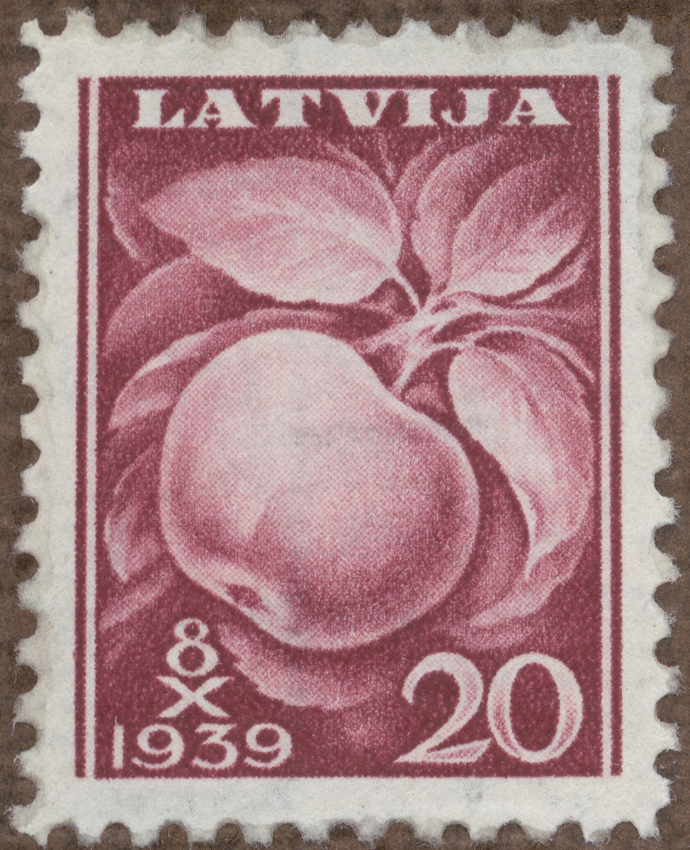 Frimärke ur Gösta Bodmans filatelistiska motivsamling, påbörjad 1950.
Frimärke från Lettland, 1939. Motiv av kvist med äpple.