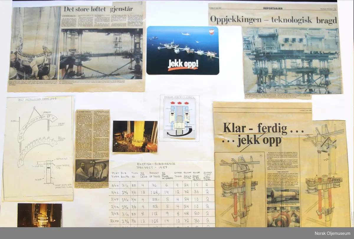 En montasje bestående av fire avisutklipp, tre illustrasjoner og tre fotografier, som viser teknikken og forteller historien om oppjekkingen av Ekofisk.