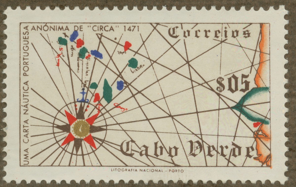 Frimärke ur Gösta Bodmans filatelistiska motivsamling, påbörjad 1950.
Frimärke från Kap Verde Öarna, 1952. Motiv av sjökarta  över Kap Verde Öarna, från ca 1471.