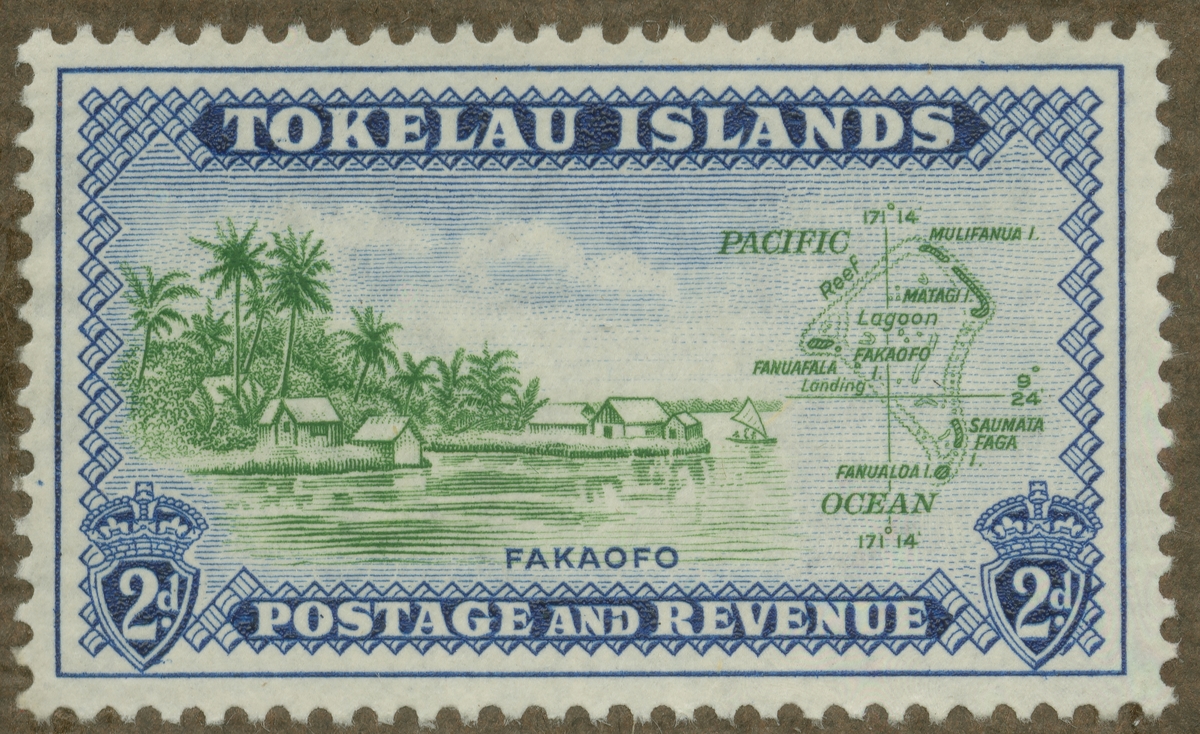 Frimärke ur Gösta Bodmans filatelistiska motivsamling, påbörjad 1950.
Frimärke från Tokelauöarna, 1948. Motiv av karta över Fakaofo.