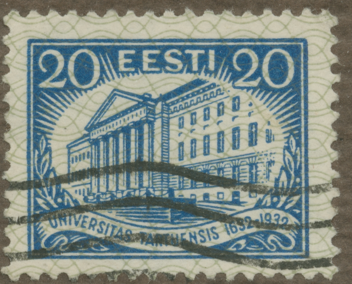 Frimärke ur Gösta Bodmans filatelistiska motivsamling, påbörjad 1950.
Frimärke från Estland, 1932. Motiv av Universitetet i Dorpat, Estland.