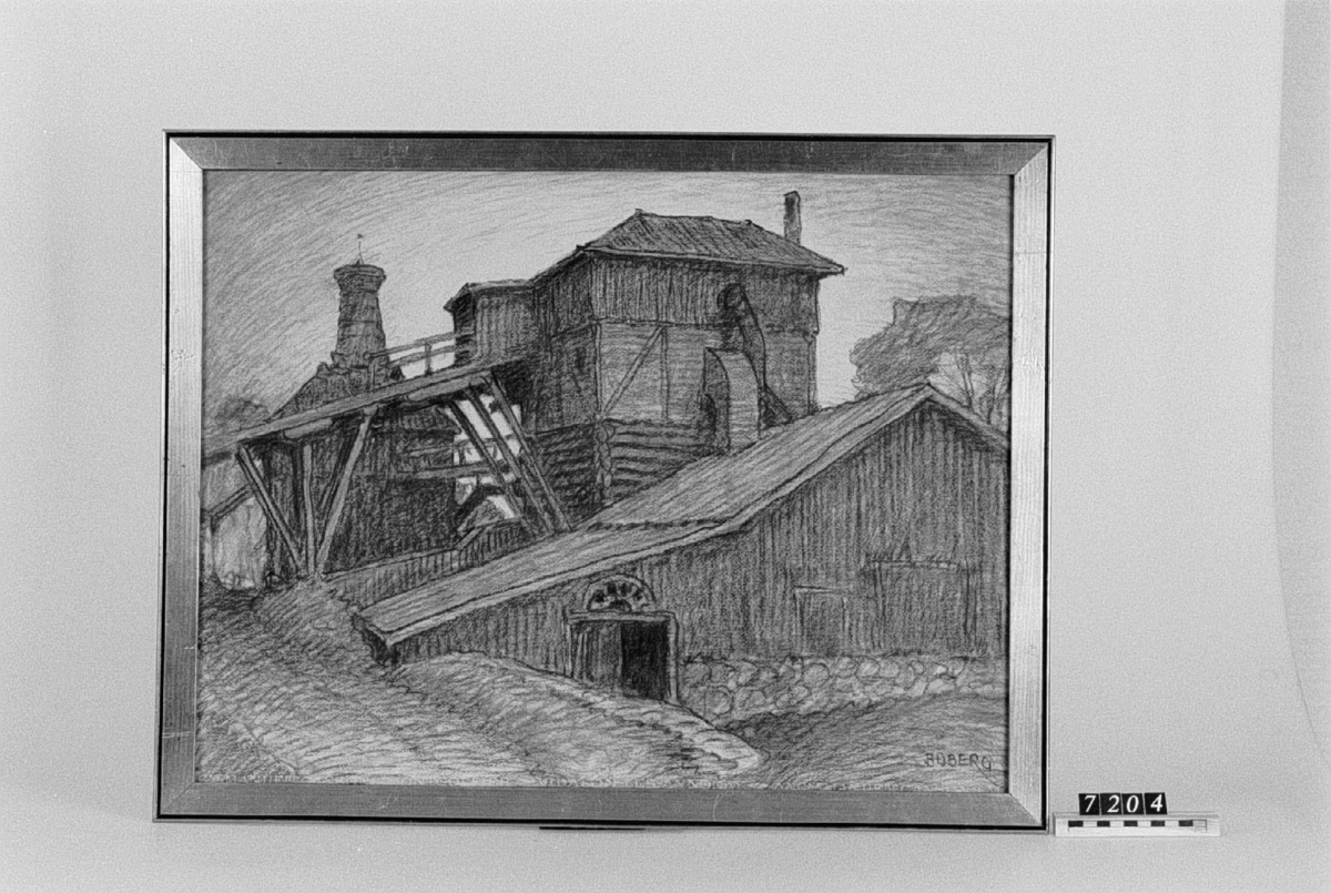 Signerad. "Boberg". På tavlans baksida: "Hyttan vid Ängelsberg# (Västmanland) 1916". "Ferdinand Boberg". I glas och förgylld ram.