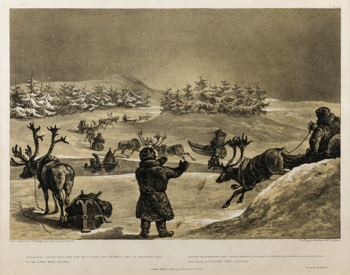 Laplanders leaping their deer with the sledges and drivers over an ...