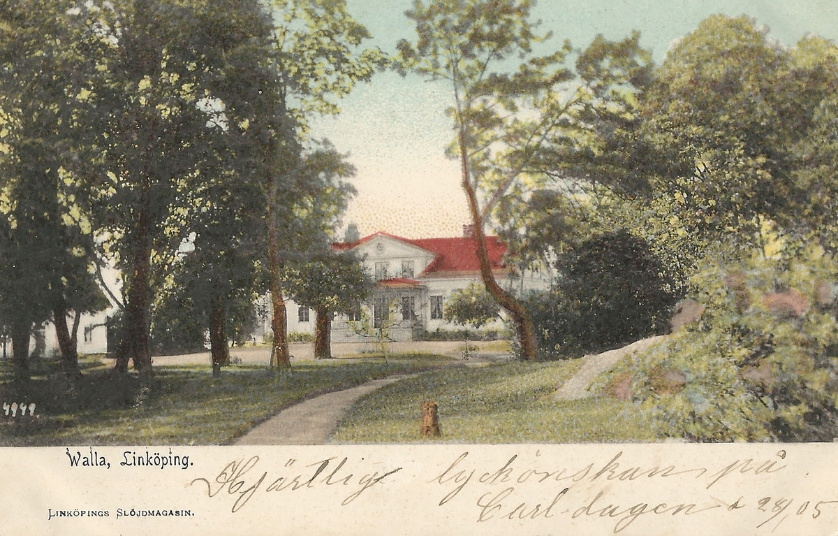 Vykort Bild från Valla gård i Linköping.
Walla gård, Valla, folkhögskola, 
Poststämplat 28 januari 1905
Linköpings slöjdmagasin