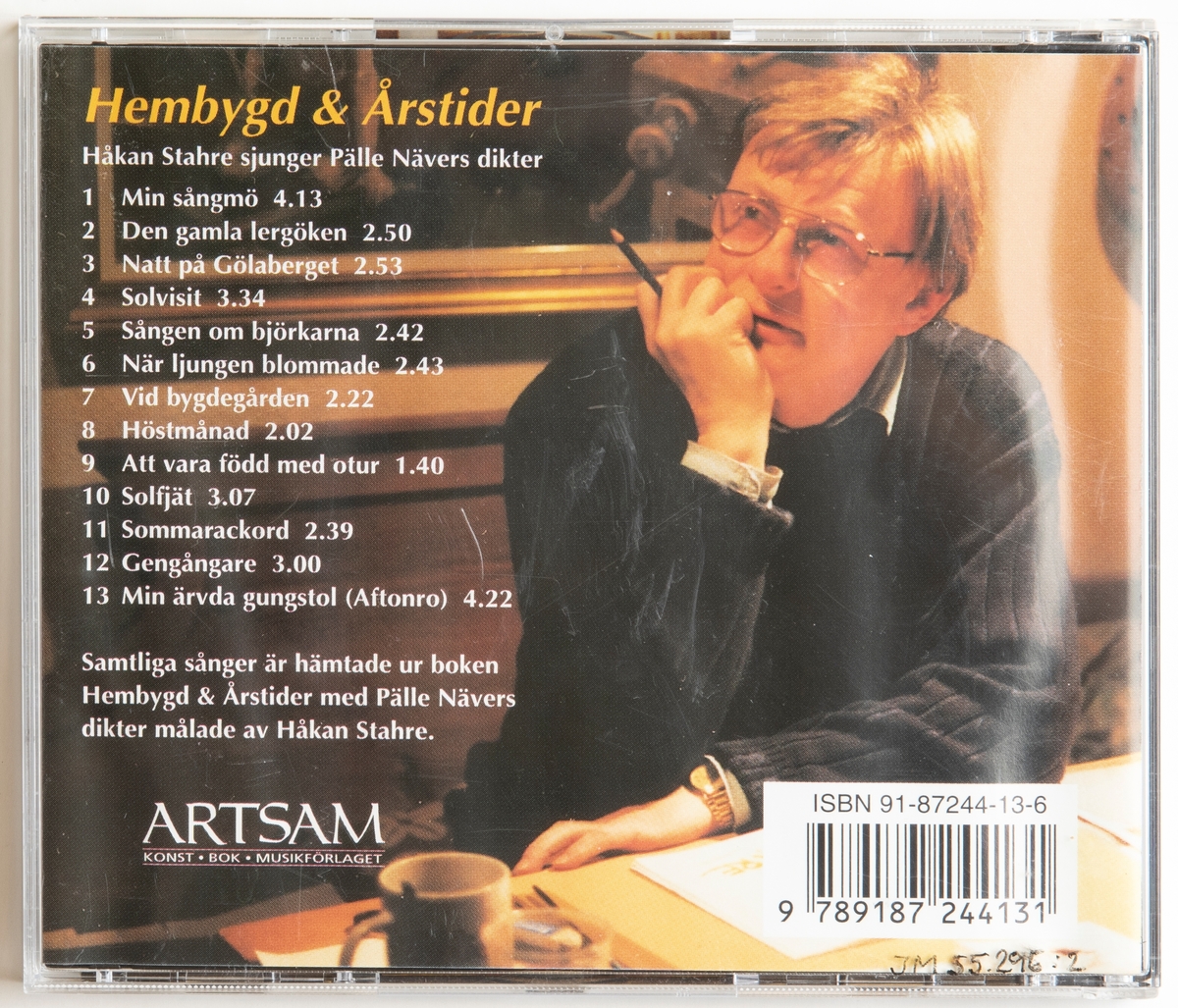 CD-skiva, "Hembygd och årstider", Håkan Stahre sjunger Pälle Nävers dikter. Skiva i tredelat, hårt plastfodral med booklet (häfte) i framsidan och inlaga i baksidan. På framsidan sitter prislapp märkt: "42 ERIKSHJÄLPEN 10.00".

Innehåll
1. Min sångmö
2. Den gamla lergöken
3. Natt på Gölaberget
4. Solvisit
5. Sången om björkarna
6. När ljungen blommade
7. Vid bygdegården
8. Höstmånad
9. Att vara född med otur
10. Solfjät
11. Sommarackord
12. Gengångare
13. Min ärvda gungstol (Sftonro)

JM 55295:1, Skiva
JM 55295:2, Fodral
JM 55295:3, Inlaga