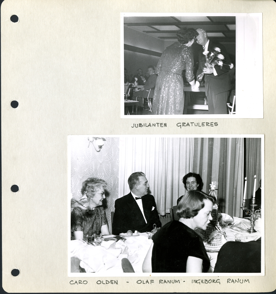 Fest i Paulinehall i forbindelse med Ingeborg Ranum sin 50 års dag i desember 1960. Rundt bordet ser vi Caro Olden, Olaf Ranum og jubilanten Ingeborg Ranum.